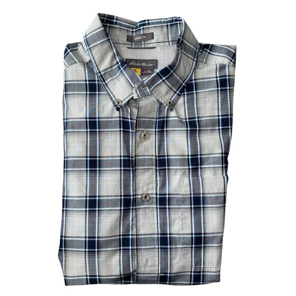 Eddie Bauer Travex Mens Button Up Shirt Medium Gray Plaid Classic Fit Pocket EUC - Picture 1 of 13
